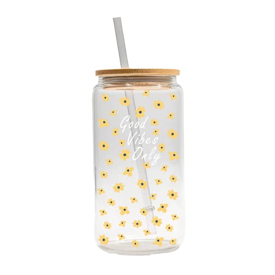 16oz. Good Vibes Only Daisies Glass Can Cup